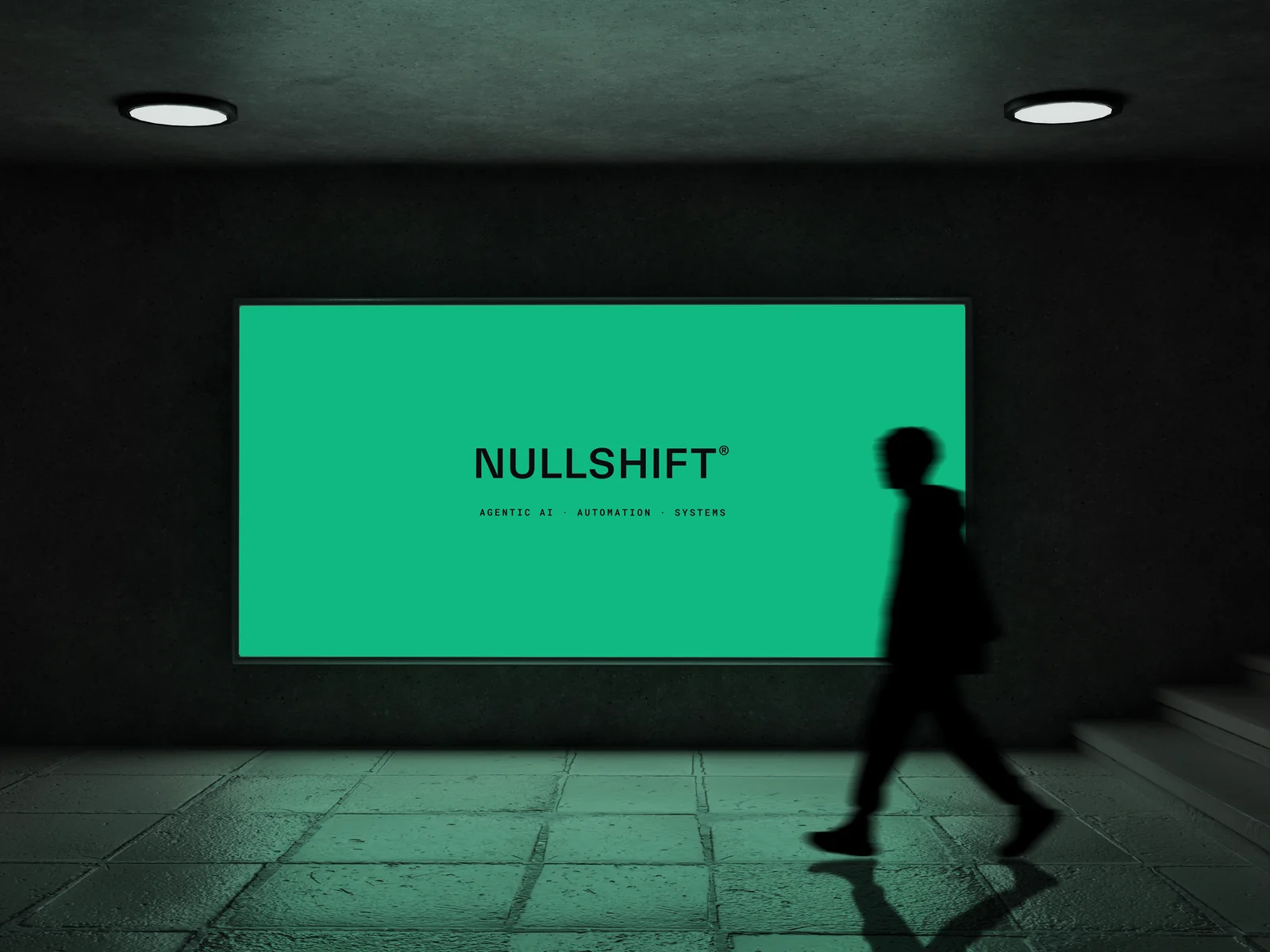 An illuminated emerald Nullshift billboard in a dark station, with the words Agentic AI, Automation, Systems.